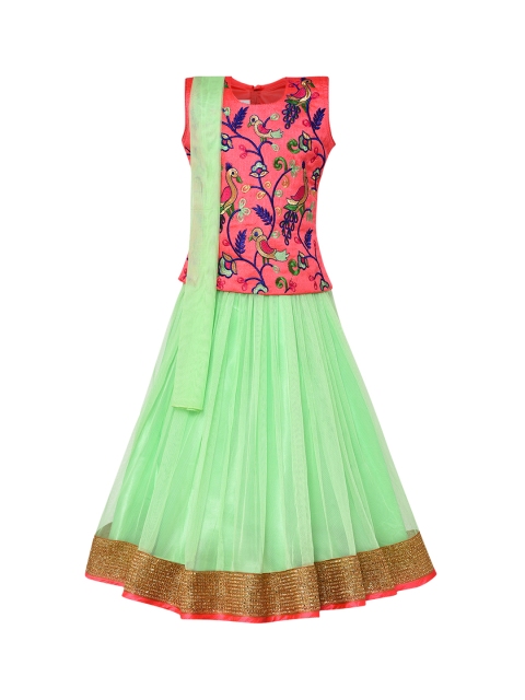 

Aarika Girls Green & Pink Embroidered Ready to Wear Lehenga & Blouse with Dupatta