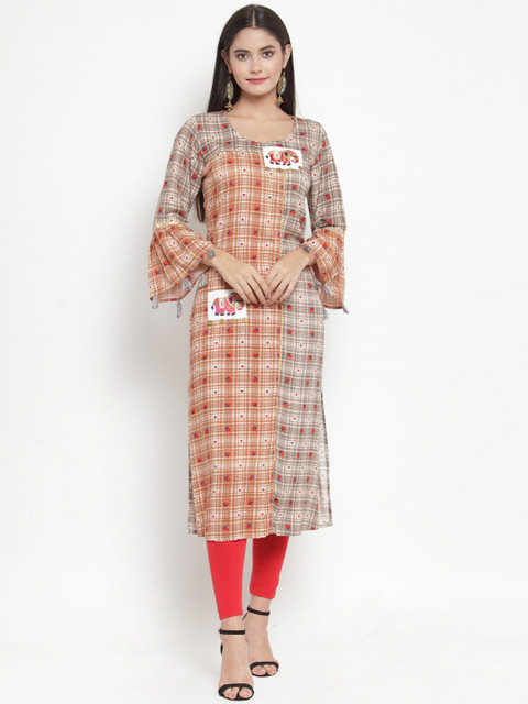 

Aujjessa Women Brown & Grey Checked Straight Kurta