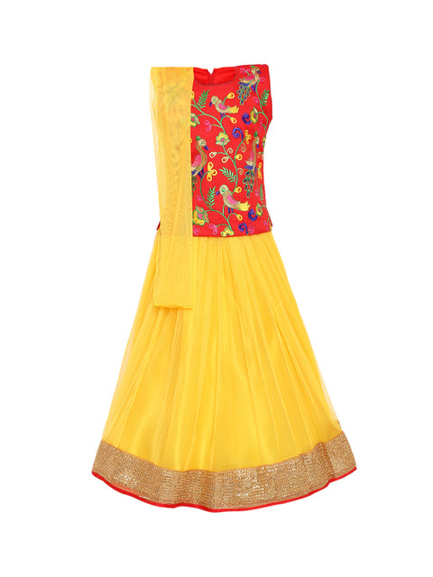 

Aarika Girls Red & Yellow Embroidered Ready to Wear Lehenga & Blouse with Dupatta