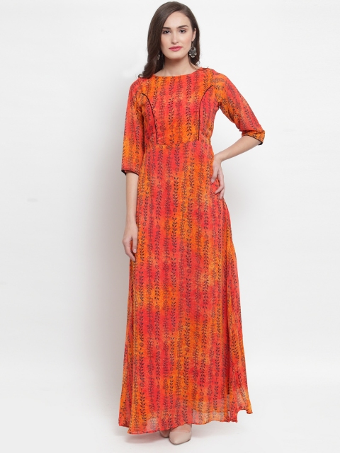 Aujjessa Women Orange & Red Floral Printed Maxi Dress