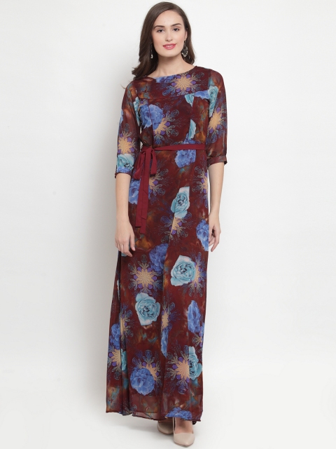 

Aujjessa Women Brown & Turquoise Floral Printed Maxi Dress