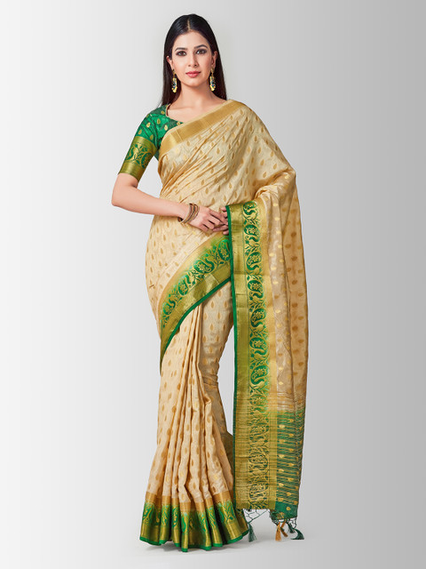 

MIMOSA Beige & Green Art Silk Woven Design Kanjeevaram Saree