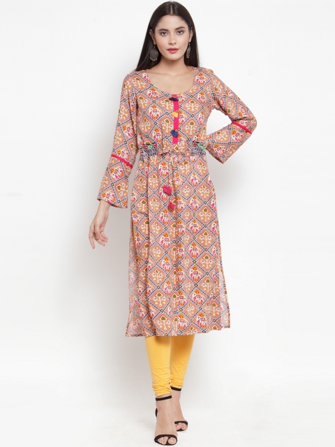

Aujjessa Women Brown & Blue Printed Straight Kurta