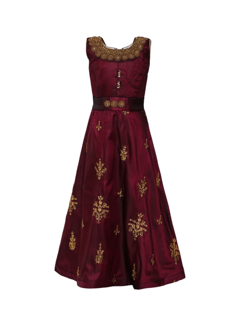 

Aarika Girls Maroon Embroidered Silk Maxi Dress