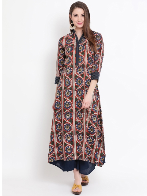 

FABNEST Women Blue & Red Floral Printed Straight Kurta