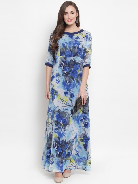 

Aujjessa Women Blue & Black Floral Print Maxi Dress