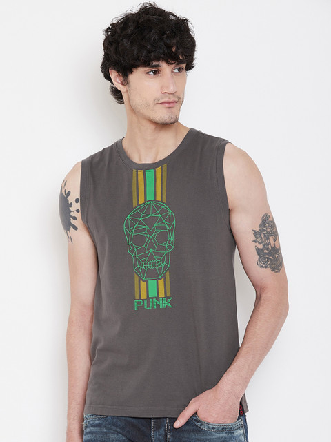 

PUNK Men Charcoal Grey Printed Round Neck T-shirt