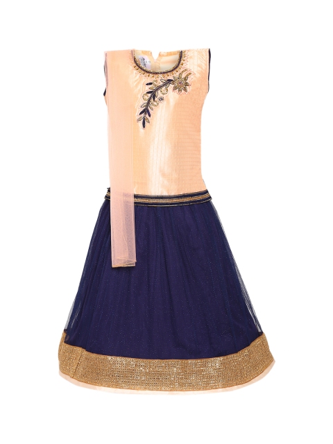 

Aarika Girls Navy & Peach-Coloured Embroidered Ready to Wear Pattu Pavadai with Dupatta, Navy blue