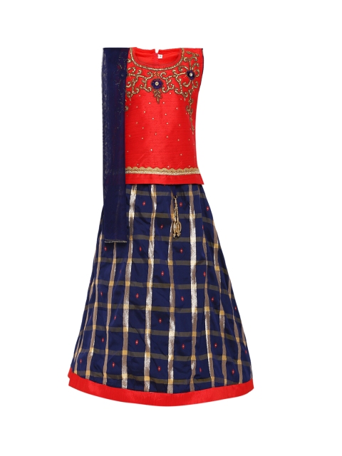 

Aarika Girls Red & Navy Embellished Ready to Wear Pattu Pavadai with Dupatta