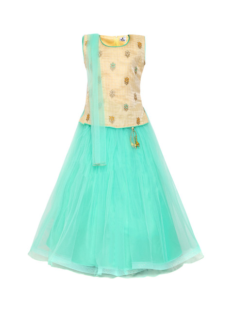 

Aarika Girls Beige & Green Embroidered Ready to Wear Lehenga & Blouse with Dupatta