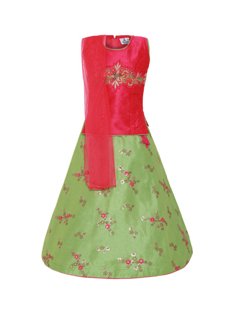 

Aarika Girls Red & Green Embroidered Ready to Wear Lehenga & Blouse with Dupatta
