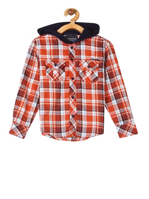 

Cherokee Boys Orange & White Regular Fit Checked Hooded Casual Shirt