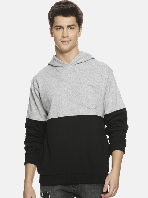 

Campus Sutra Men Grey & Black Colourblocked Hooded Sweatshirt