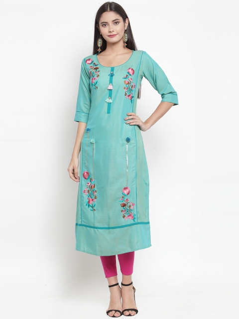 

Aujjessa Women Sea Green Floral Embroidered Straight Kurta