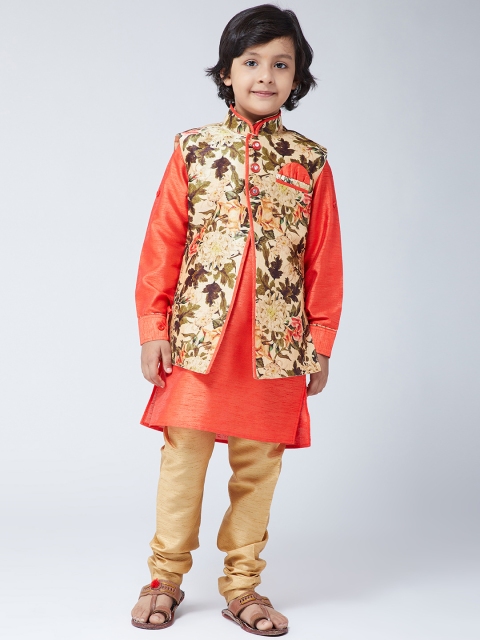

SOJANYA Boys Orange & Gold-Coloured Solid Kurta with Churidar