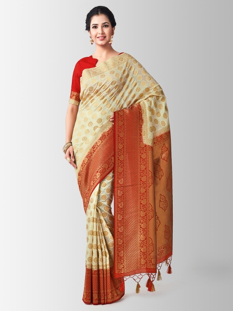 

MIMOSA Beige & Red Art Silk Woven Design Kanjeevaram Saree
