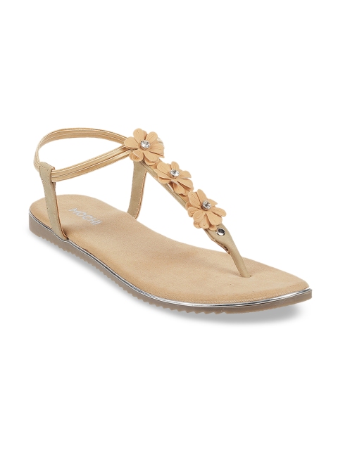 

Mochi Women Beige Solid T-Strap Flats
