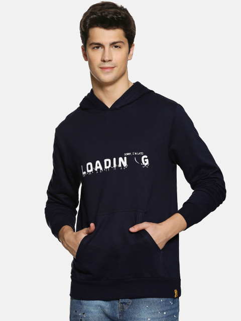 

Campus Sutra Men Navy Blue Printed Hooded Sweatshirt
