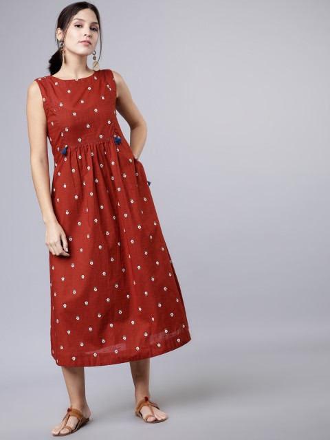 

Vishudh Women Rust Red Fit and Flare Dress