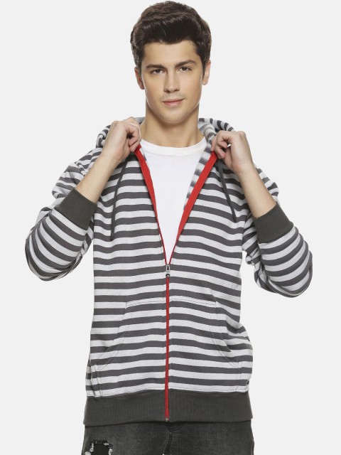 

Campus Sutra Men White & Charcoal Striped Hooded Sweatshirt