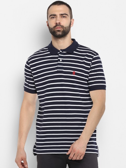 

Red Tape Men Navy Blue & White Striped Polo Collar T-shirt