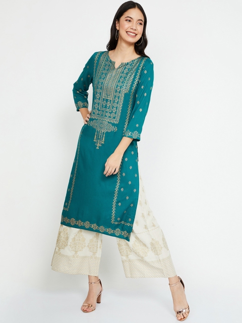 

Melange by Lifestyle Women Teal Blue Printed Straight Kurta