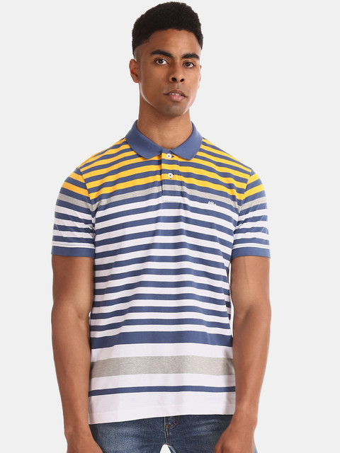 

Aeropostale Men Multicoloured Striped Polo Collar Pure Cotton T-shirt, Multi