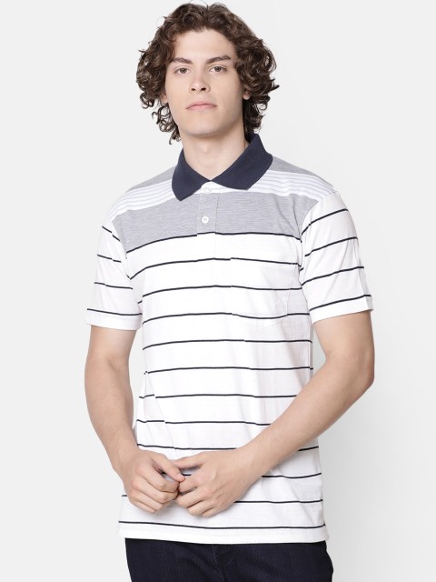 

IMYOUNG Men White & Navy Blue Striped Polo Collar T-shirt