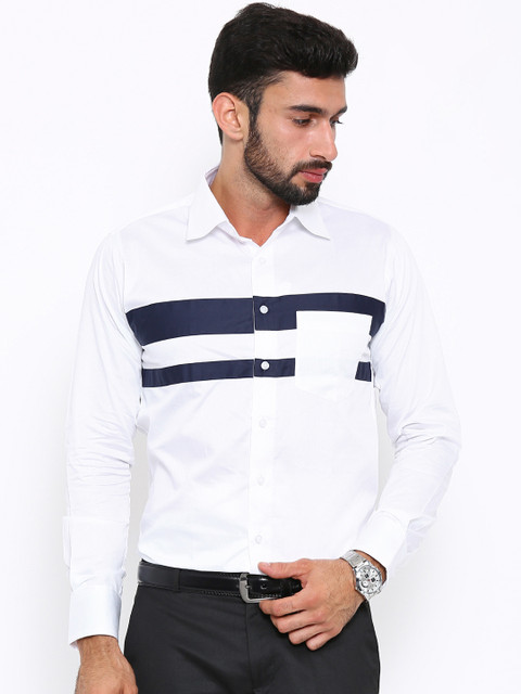 

Shaftesbury London Men White & Blue Slim Fit Striped Semiformal Shirt