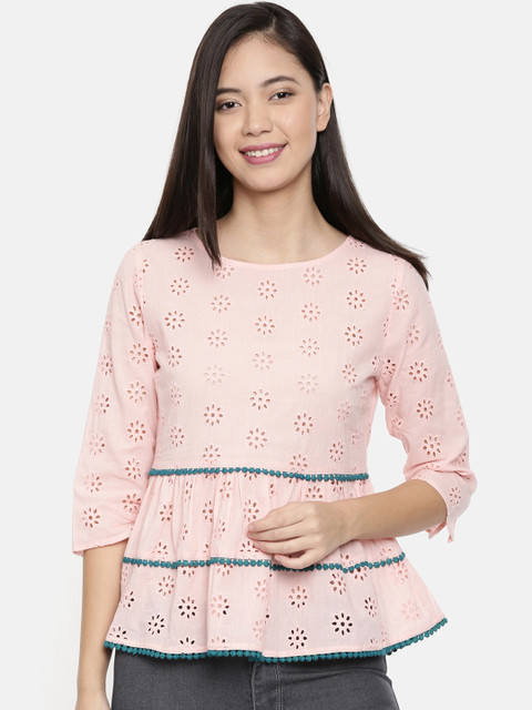 

Chumbak Women Pink Schiffli Peplum Top