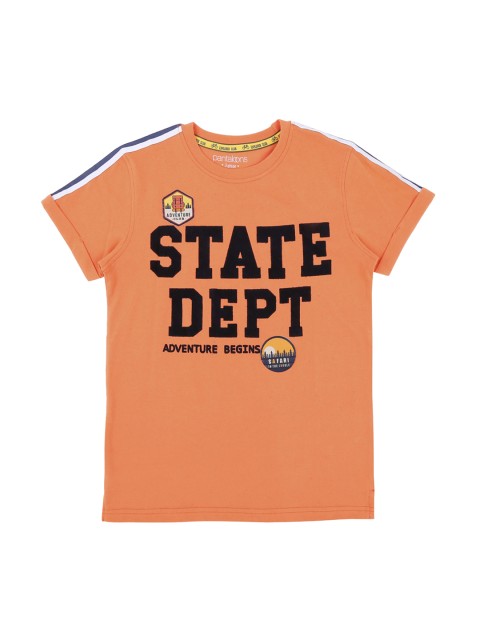 

Pantaloons Junior Boys Orange Printed Round Neck Pure Cotton T-shirt