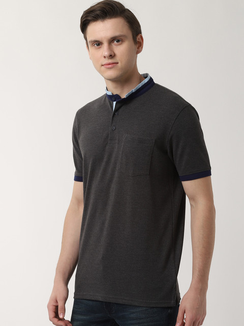 

Peter England Casuals Men Grey Solid Mandarin Collar T-shirt