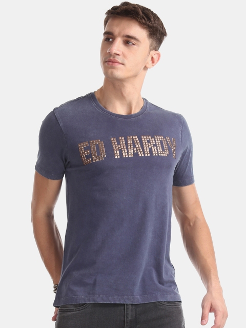 

Ed Hardy Men Blue Printed Round Neck Pure Cotton T-shirt
