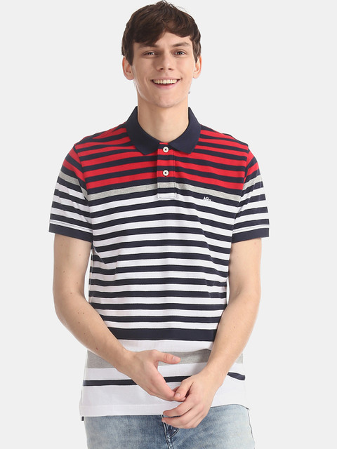 

Aeropostale Men Multicoloured Striped Polo Collar Pure Cotton T-shirt, Multi