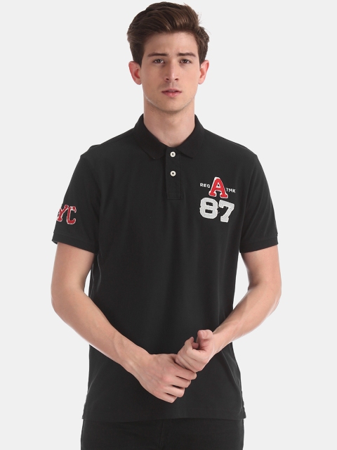 

Aeropostale Men Black Solid Polo Collar T-shirt with Applique Detail