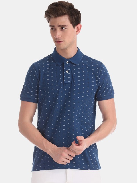 

Aeropostale Men Blue Printed Polo Collar Pure Cotton T-shirt
