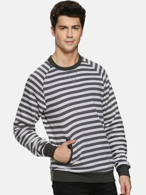 

Campus Sutra Men Grey & Off-White Striped Sweatshirt