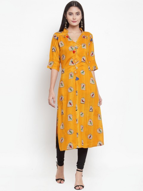 

Aujjessa Women Mustard Yellow Printed Straight Kurta
