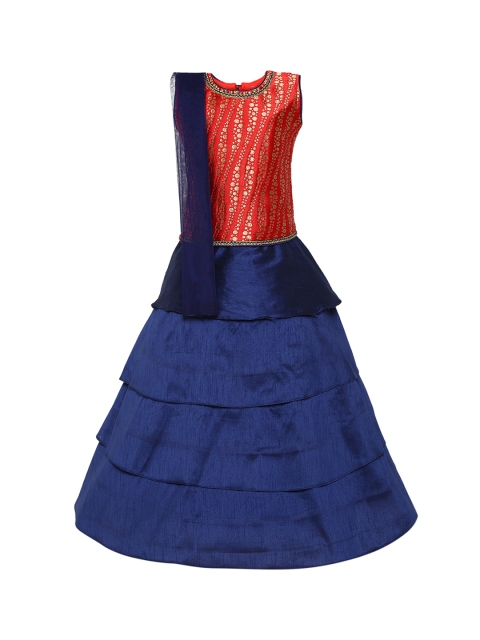 

Aarika Girls Red & Navy Embellished Ready to Wear Lehenga & Blouse with Dupatta