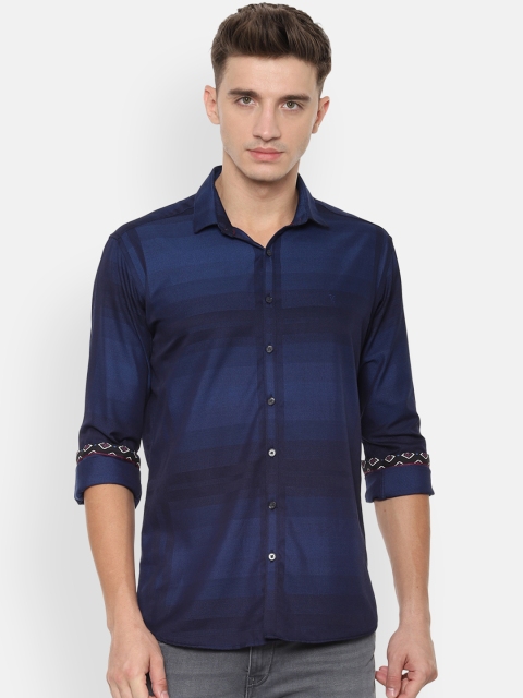

V Dot Men Navy Blue Slim Fit Striped Casual Shirt