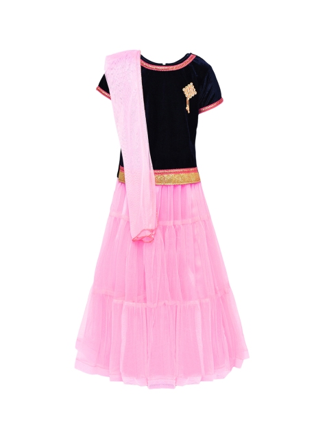 

Aarika Girls Pink & Navy Blue Solid Ready to Wear Lehenga & Blouse with Dupatta