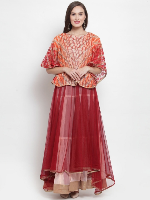 

Aujjessa Women Maroon & Peach-Coloured Self Design Maxi Dress