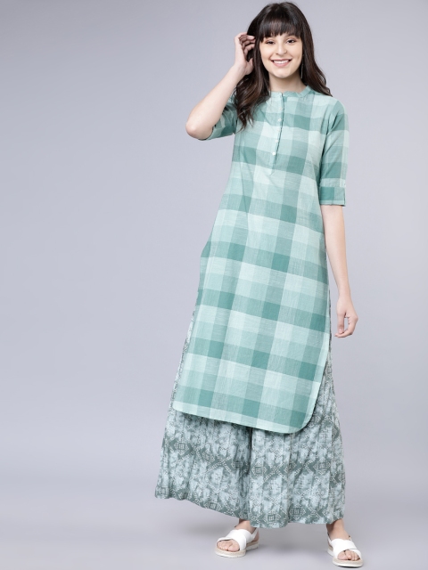 

Vishudh Women Teal Green & Grey Printed Kurti with Palazzos