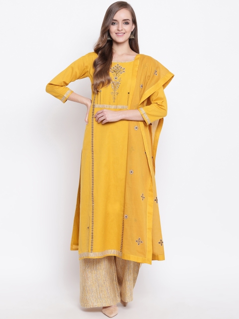 

Kvsfab Women Mustard & Grey Embroidered Kurti with Palazzos & Dupatta