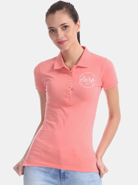 

Aeropostale Women Pink Solid Polo Collar T-shirt
