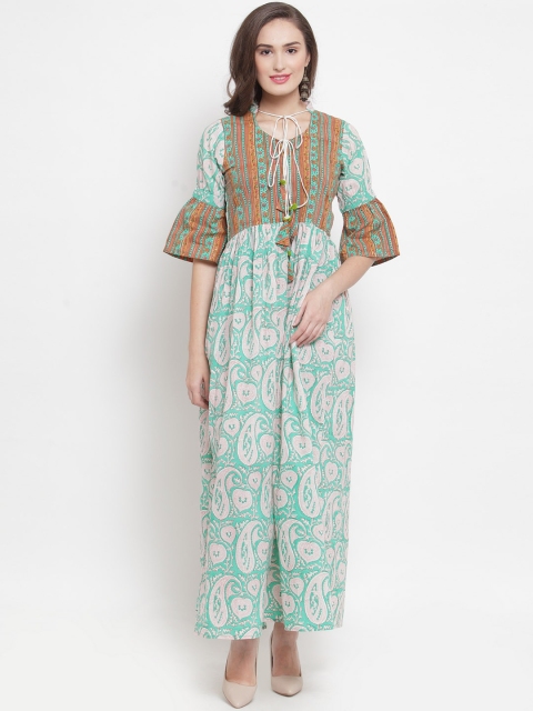 

Aujjessa Women Green & Off-White Printed Maxi Dress
