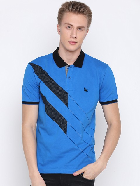 

BULLMER Men Blue Striped Polo Collar T-shirt