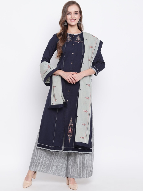 

Kvsfab Women Navy Blue & Grey Embroidered Kurti with Palazzos & Dupatta