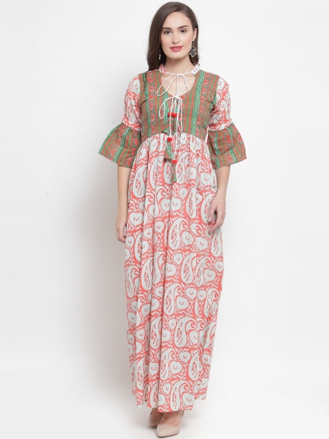 

Aujjessa Women Peach-Coloured & Off-White Printed Maxi Dress