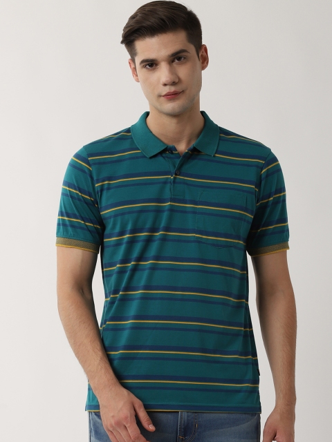 

Peter England Casuals Men Teal Striped Polo Collar T-shirt